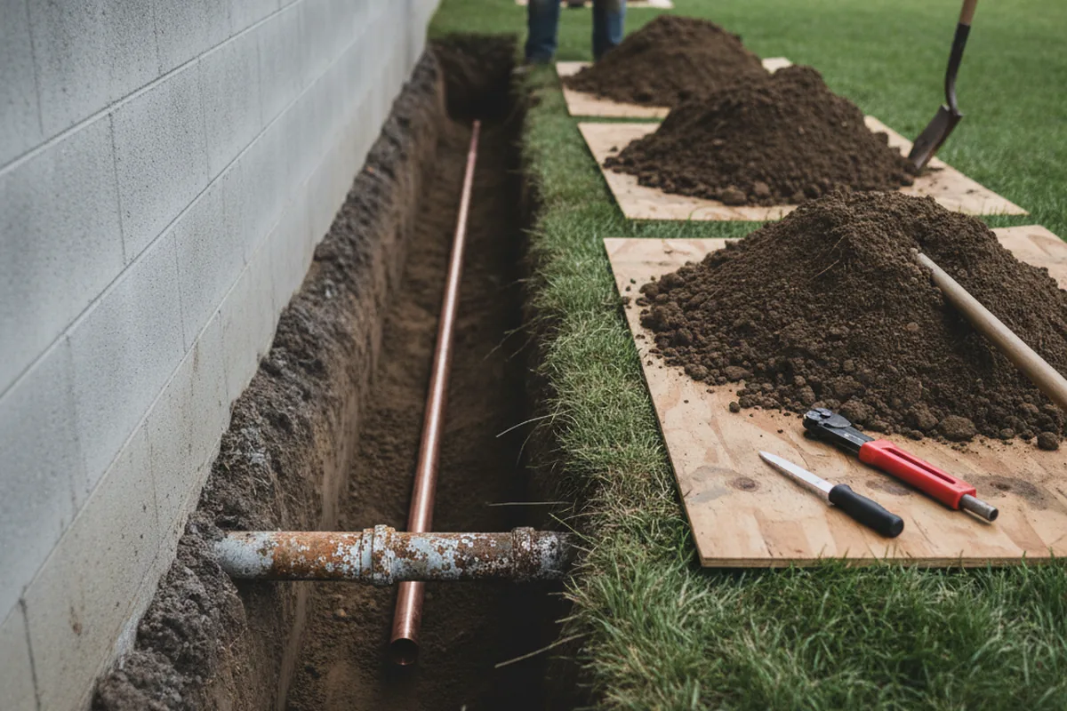 Excavated water line trench during Water Heater Repair in Dudley